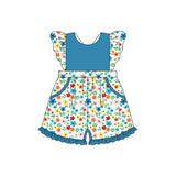 Flutter sleeves blue floral pockets ruffle girls jumpsuit