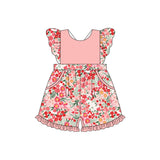 Flutter sleeves peach floral pockets ruffle girls jumpsuit