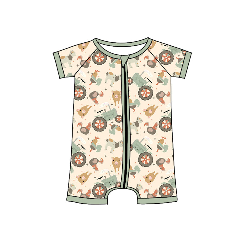 Chicken pig tractor baby boy summer zipper romper