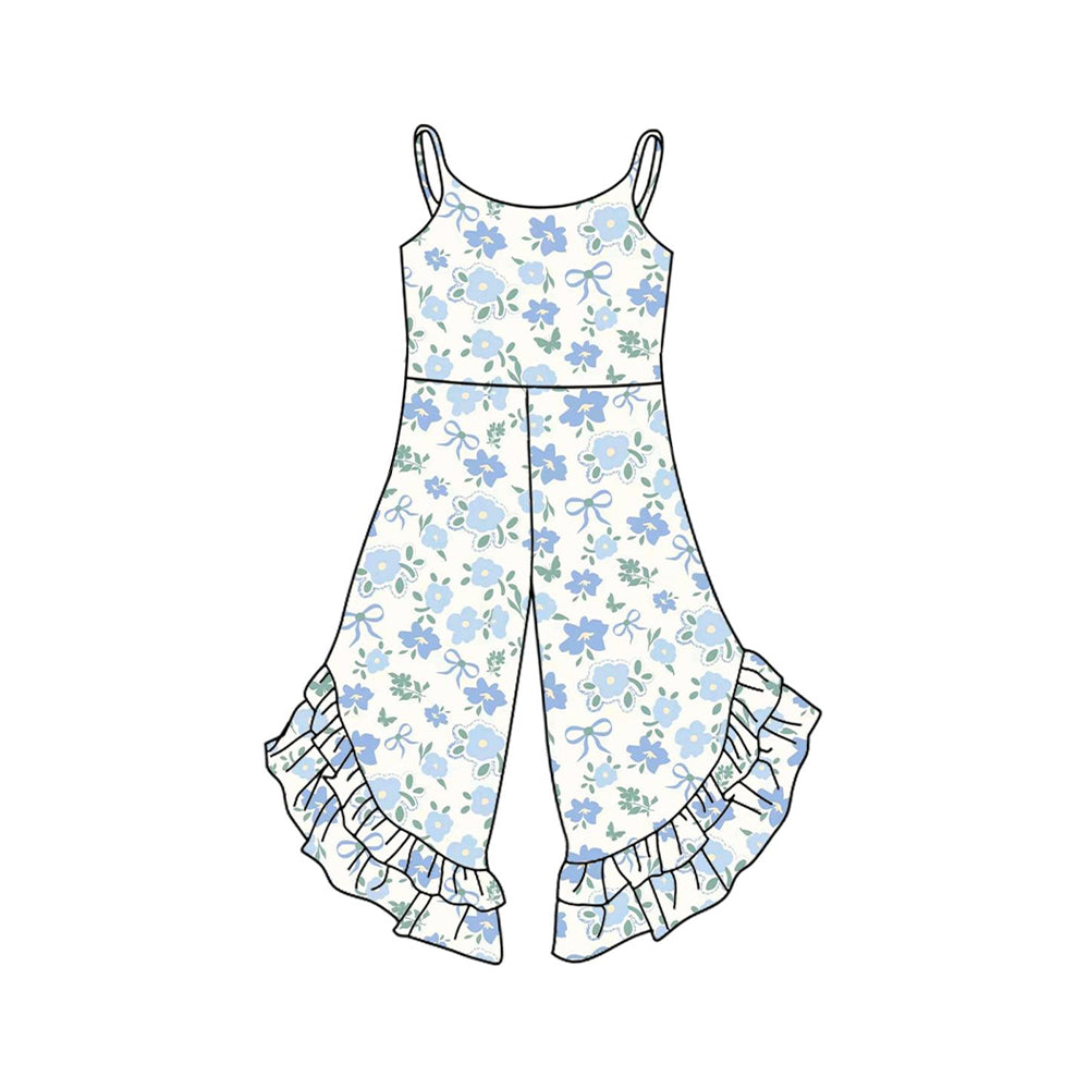 Straps floral bow baby girls ruffle jumpsuit
