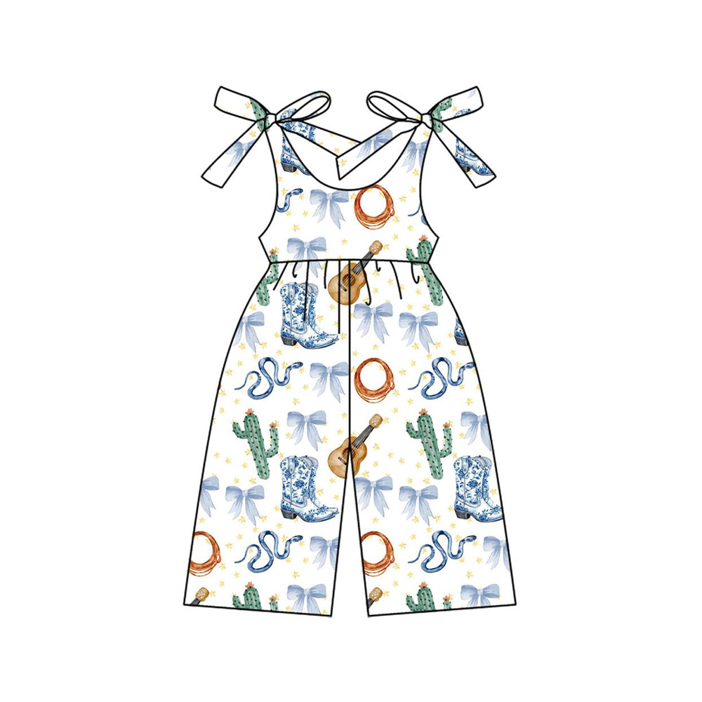 Straps light blue bow boots western girls jumpsuit
