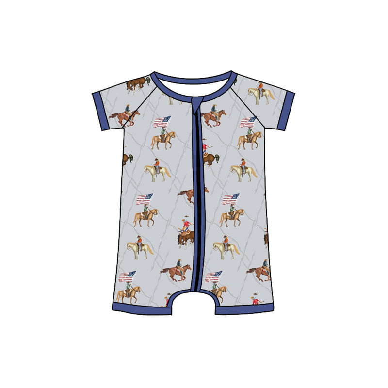 Short sleeves flag rodeo western baby 4th of july romper