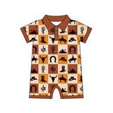 Brown short sleeves cactus bull skull boy western polo romper