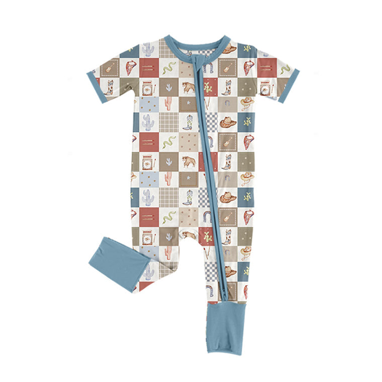 Short sleeves plaid cactus bull skull boy zipper romper