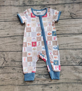 Short sleeves plaid cactus bull skull boy zipper romper