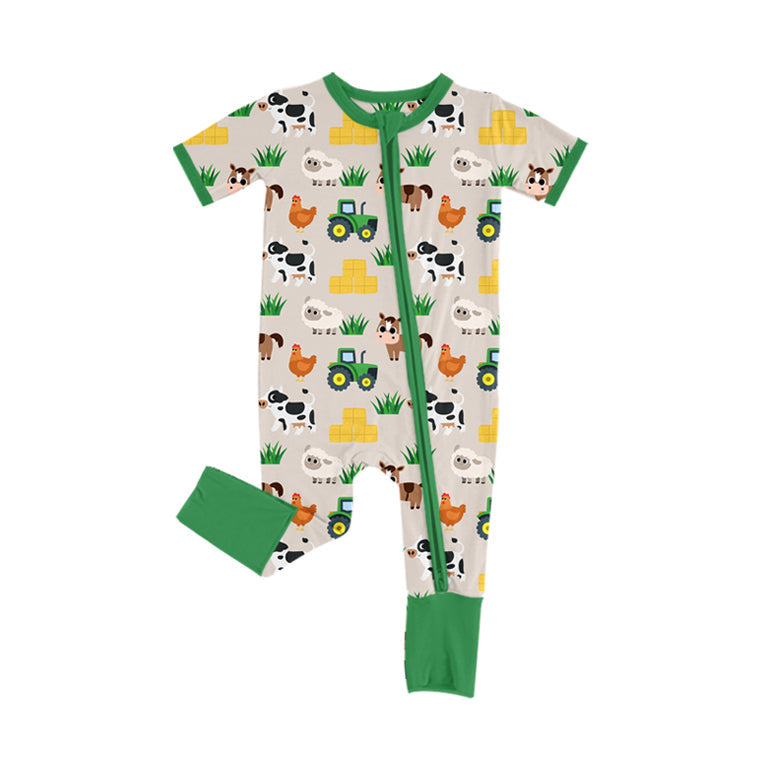 Short sleeves tractor cow sheep chicken baby farm romper