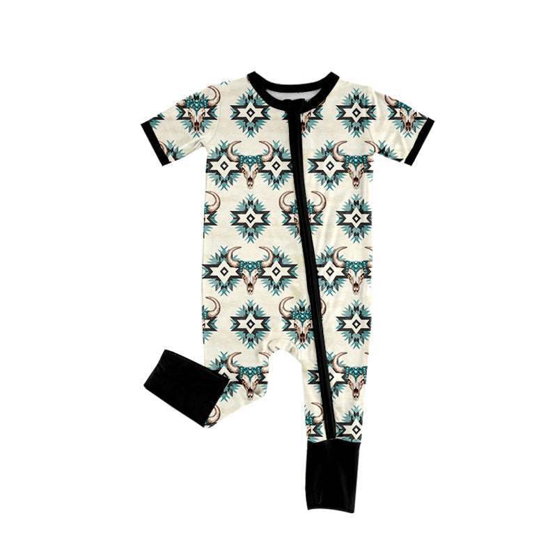 Short sleeves aztec bull skull western baby zipper romper
