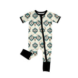 Short sleeves aztec bull skull western baby zipper romper