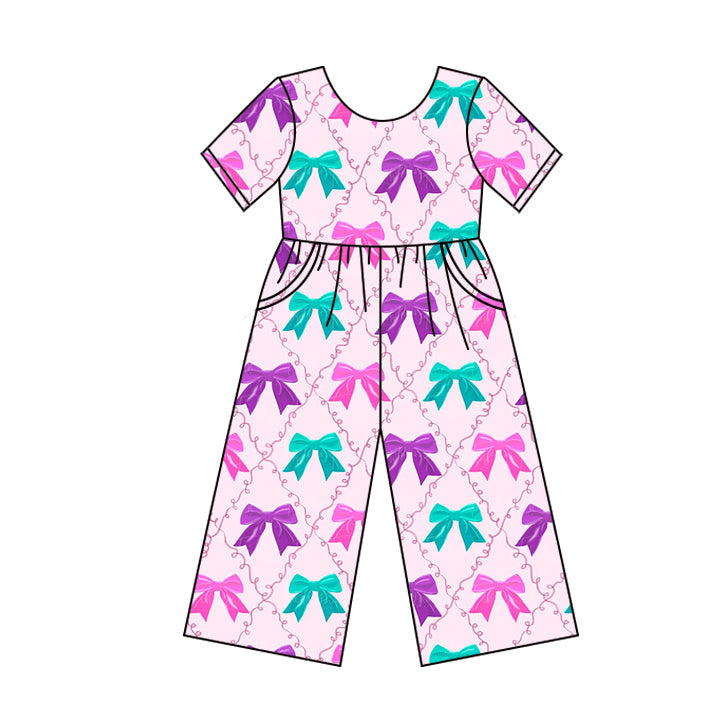 Short sleeves colorful bows kids girls jumpsuit