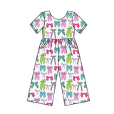 Short sleeves colorful bows pockets kids girls jumpsuit