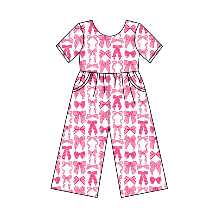 Short sleeves pink bows pockets kids girls jumpsuit