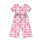 Short sleeves pink bows pockets kids girls jumpsuit