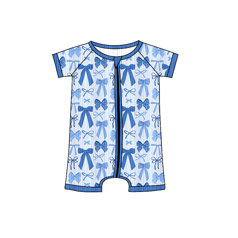 Short sleeves light blue bow baby girls zipper romper