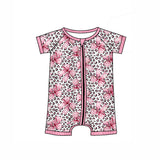 Short sleeves leopard pink bow baby girls zipper romper