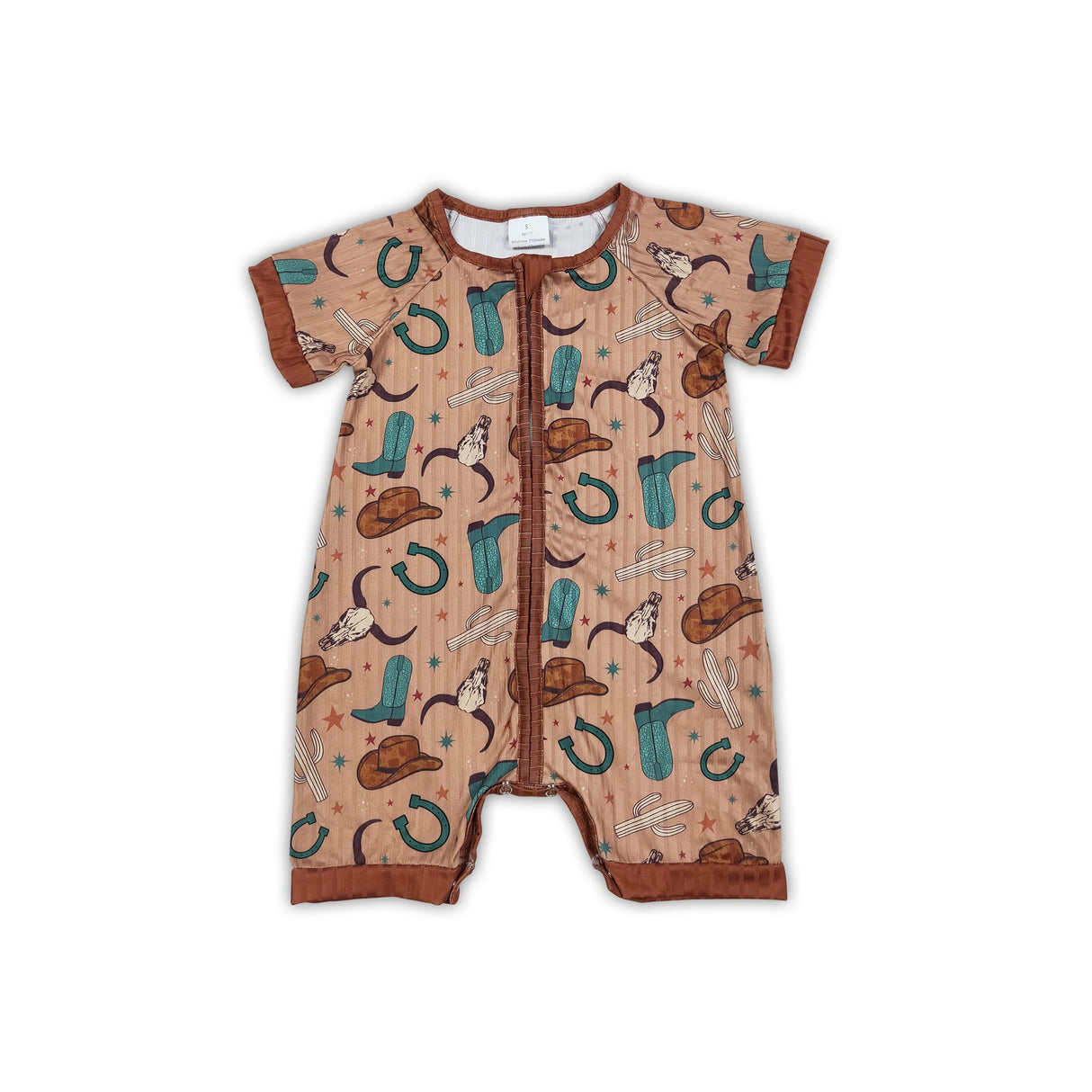 Short sleeves brown bull skull western baby zipper romper