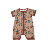 Short sleeves brown bull skull western baby zipper romper