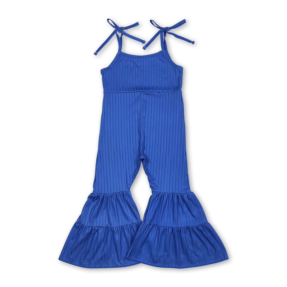 Blue straps patchwork ruffle kids girls jumpsuit