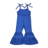 Blue straps patchwork ruffle kids girls jumpsuit