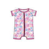 Short sleeves pink bow leopard baby girls zipper romper