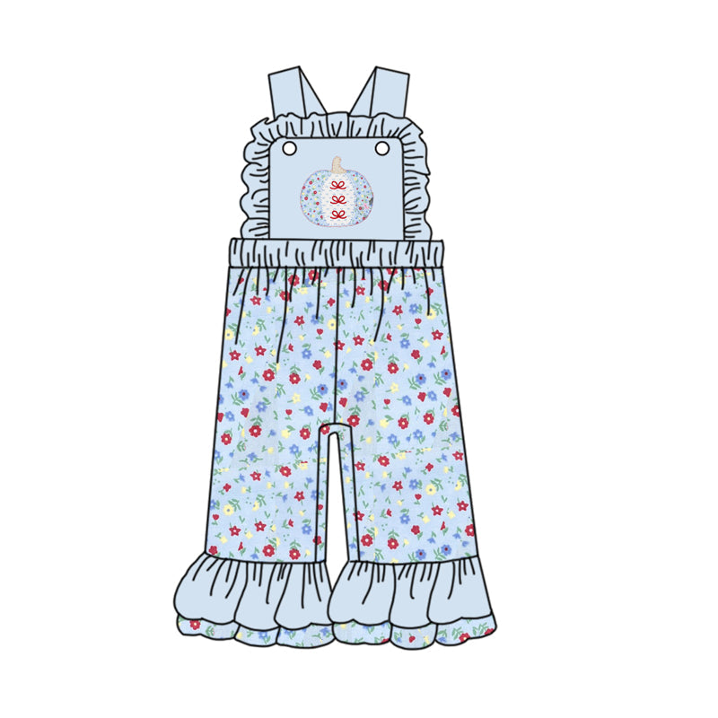 Straps floral bow pumpkin ruffle girls fall overalls