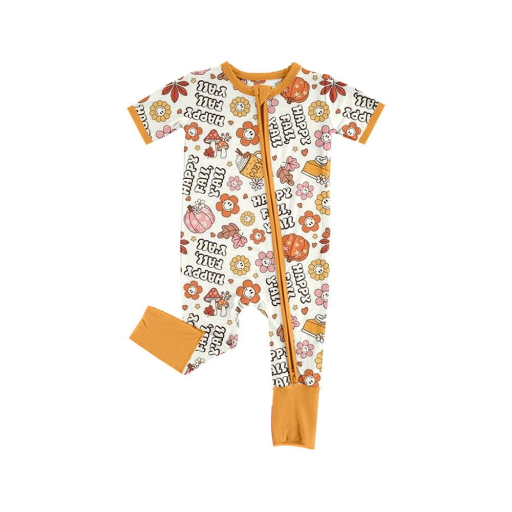 Short sleeves floral pumpkin Happy fall y'all girls zipper romper