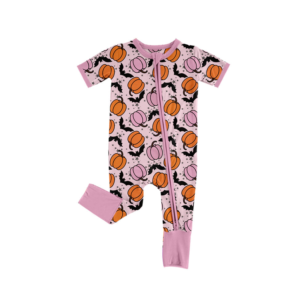 Short sleeves pumpkin bat baby girls Halloween zipper romper