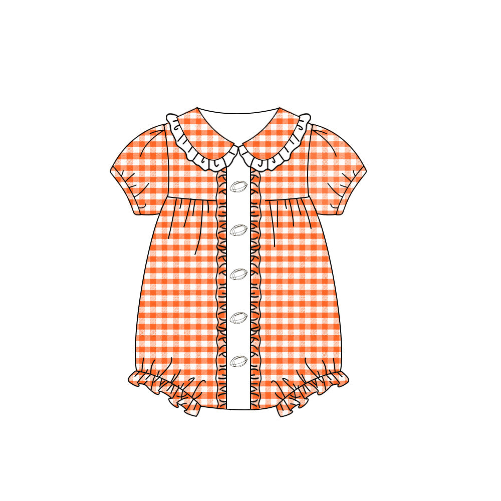 Orange plaid short sleeves football baby girls romper
