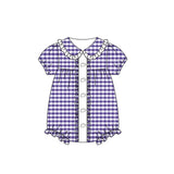 Purple plaid short sleeves football baby girls romper
