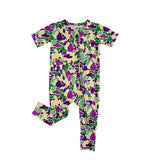 Purple yellow green camo baby Mardi Gras zipper romper