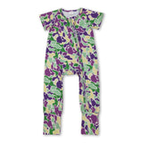 Purple yellow green camo baby Mardi Gras zipper romper