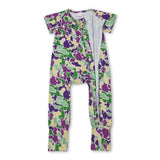 Purple yellow green camo baby Mardi Gras zipper romper
