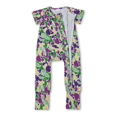 Purple yellow green camo baby Mardi Gras zipper romper