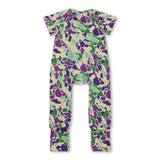 Purple yellow green camo baby Mardi Gras zipper romper