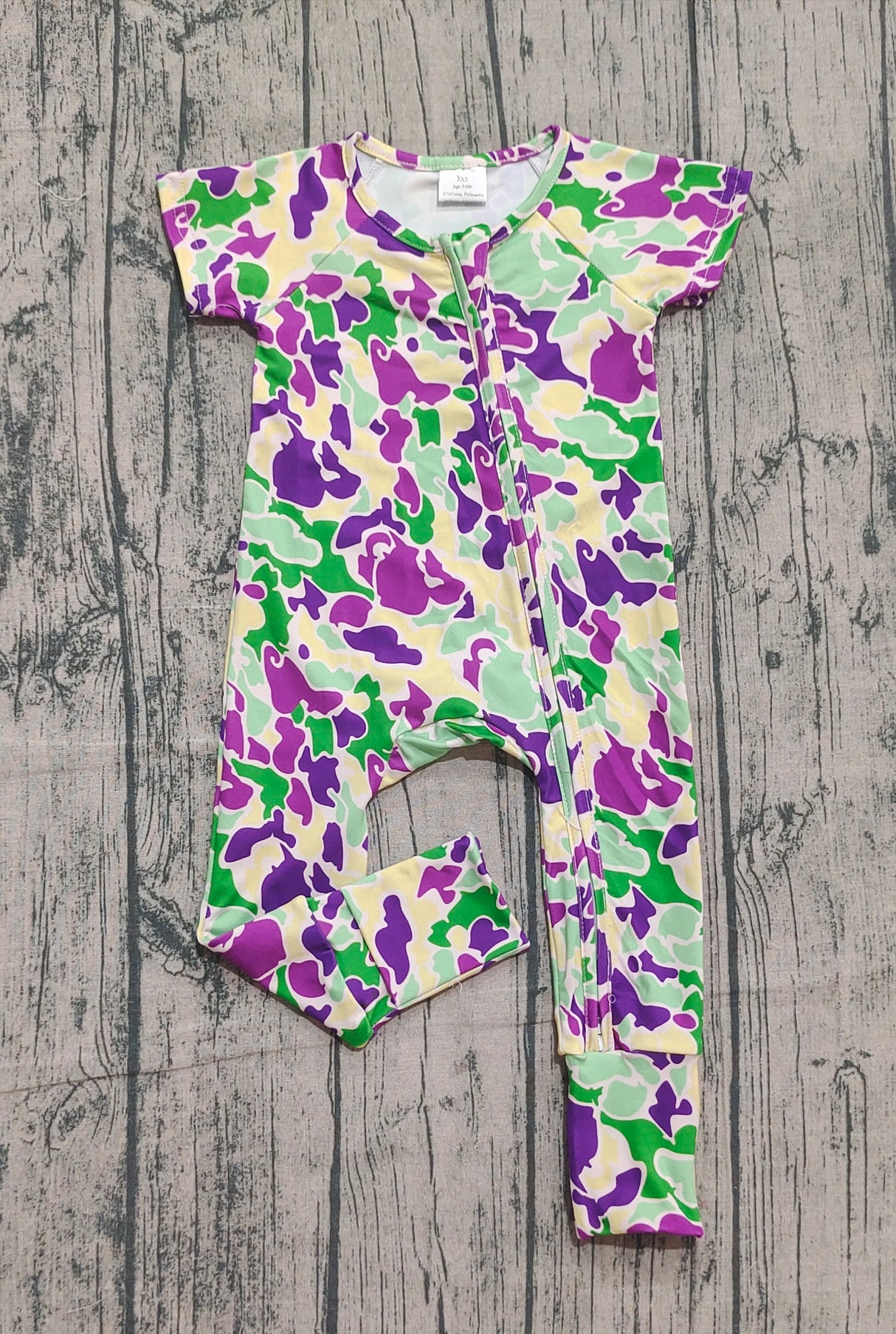 Purple yellow green camo baby Mardi Gras zipper romper