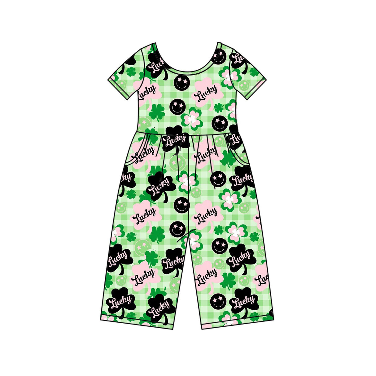 black smile green lucky leaves kids girls jumpsuit