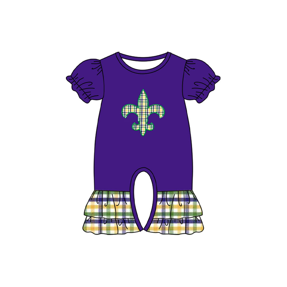 short sleeves purple green yellow plaid  baby mardi gras romper