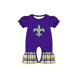 short sleeves purple green yellow plaid  baby mardi gras romper