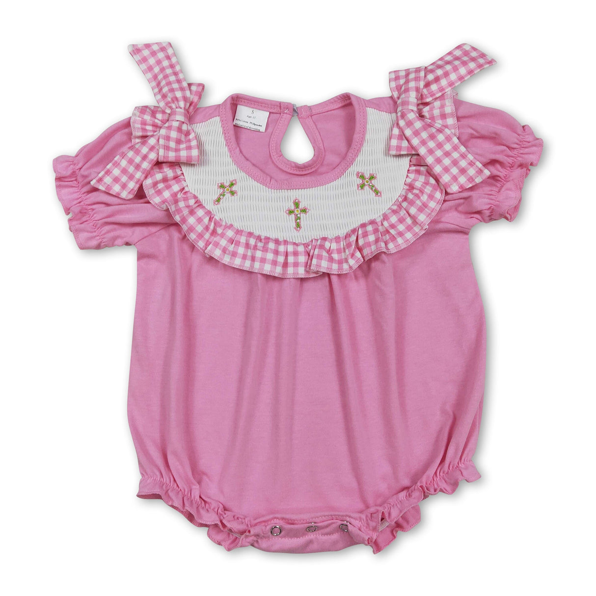 Pink short sleeve cross smocked baby girl Easter romper