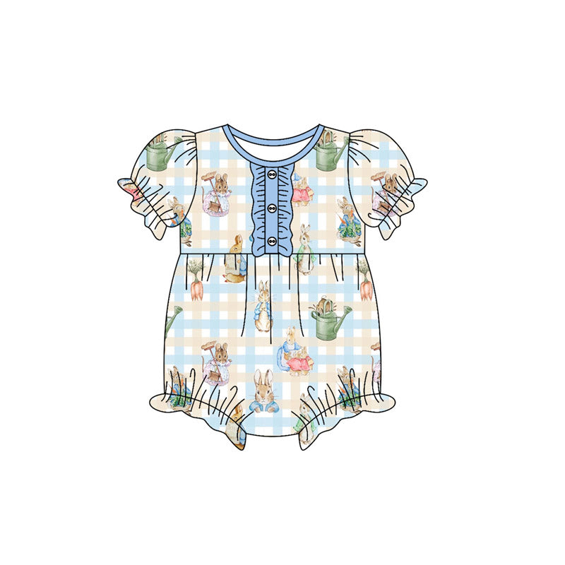 rabbit easter blue plaid  baby short sleeve romper