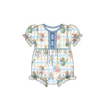 rabbit easter blue plaid  baby short sleeve romper