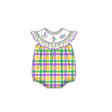 purple yellow green plaid baby short sleeve romper