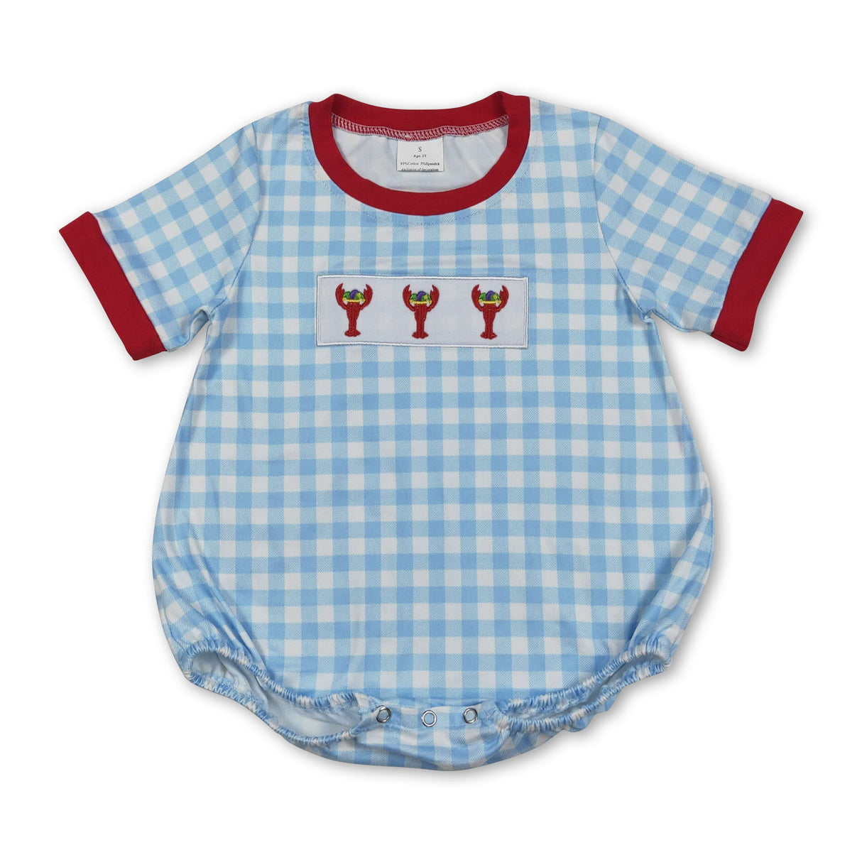 Short sleeves blue plaid crawfish baby boy Mardi Gras romper