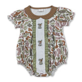 Short sleeves camo rabbit embroidery girl Easter romper