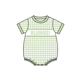 green plaid blessed print baby girl romper