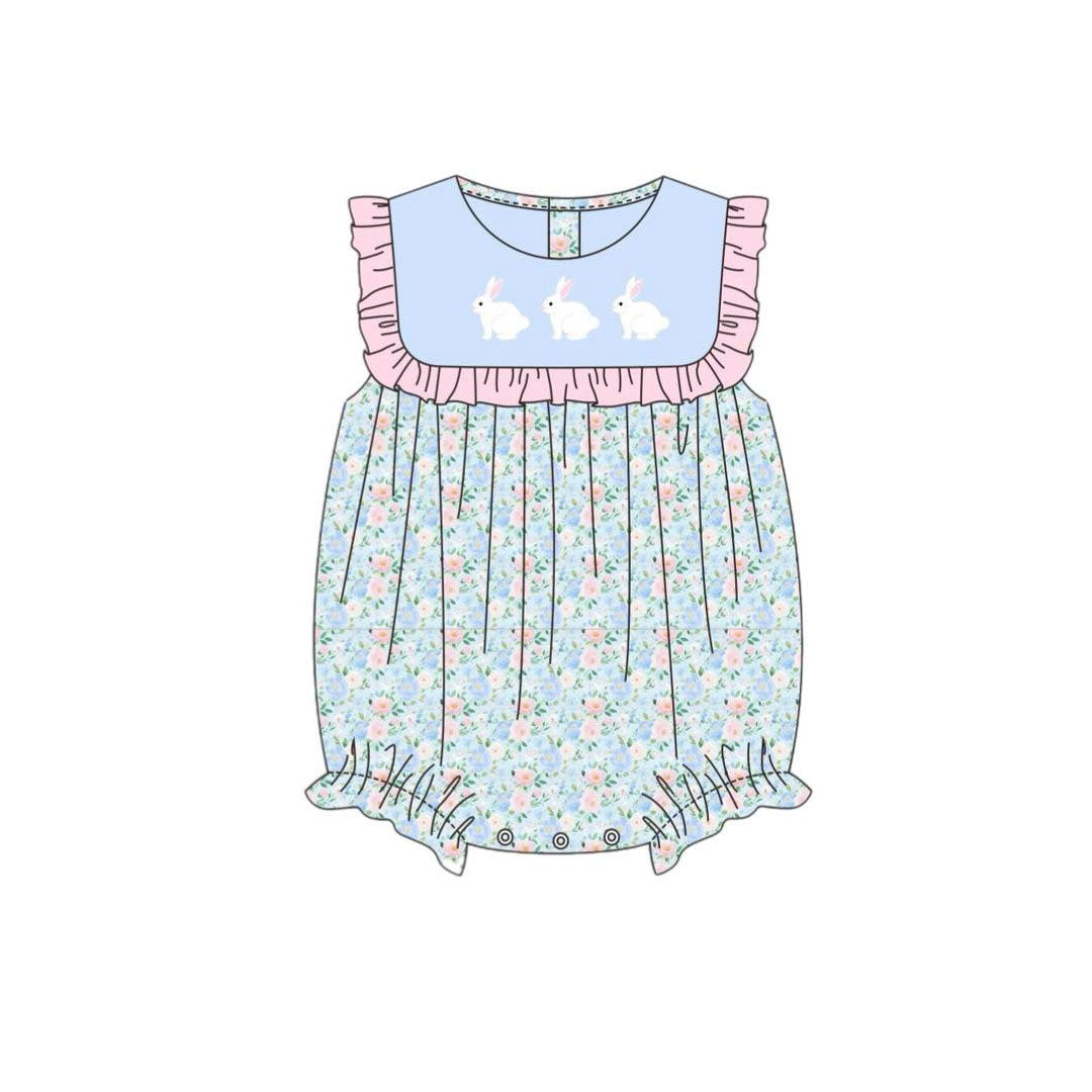 blue flowers easter rabbit baby girl short romper