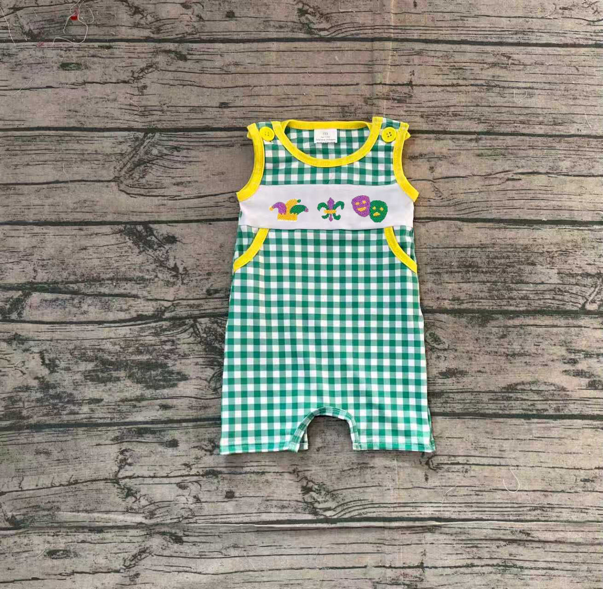 Sleeveless green plaid baby boy Mardi Gras romper