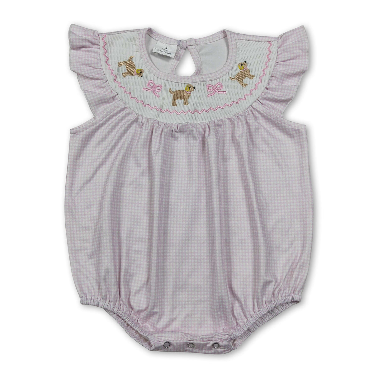 Pink plaid flutter sleeves dog bow smocked baby girls romper