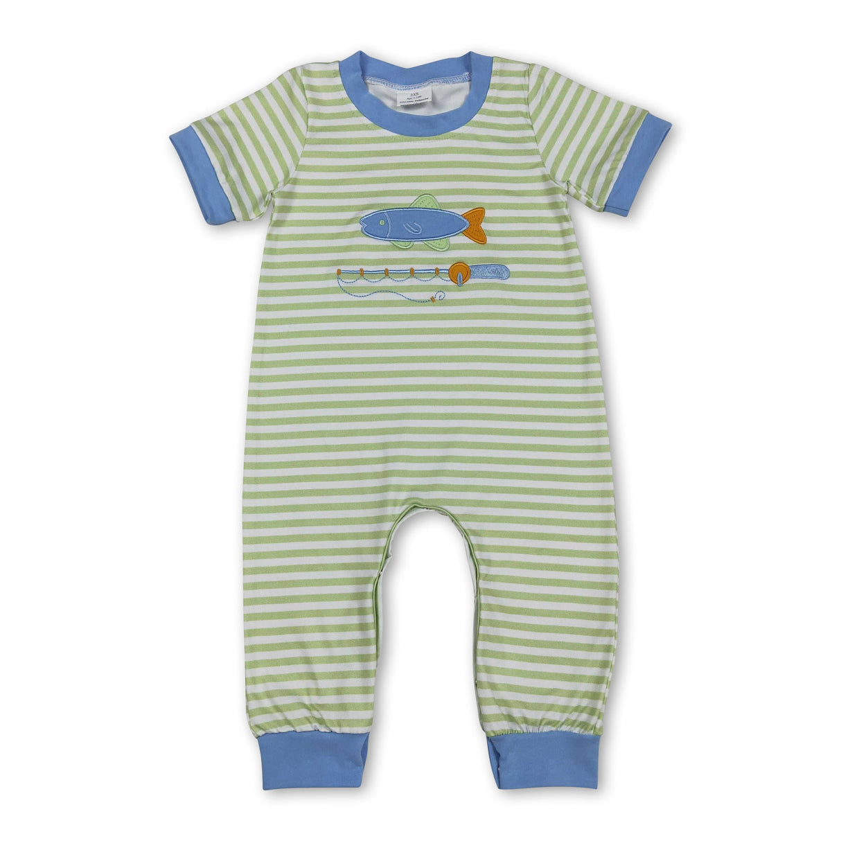 Short sleeves stripe fishing embroidery baby boy romper