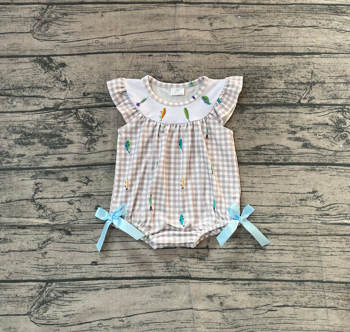 Plaid flutter sleeves fishing baby girls romper