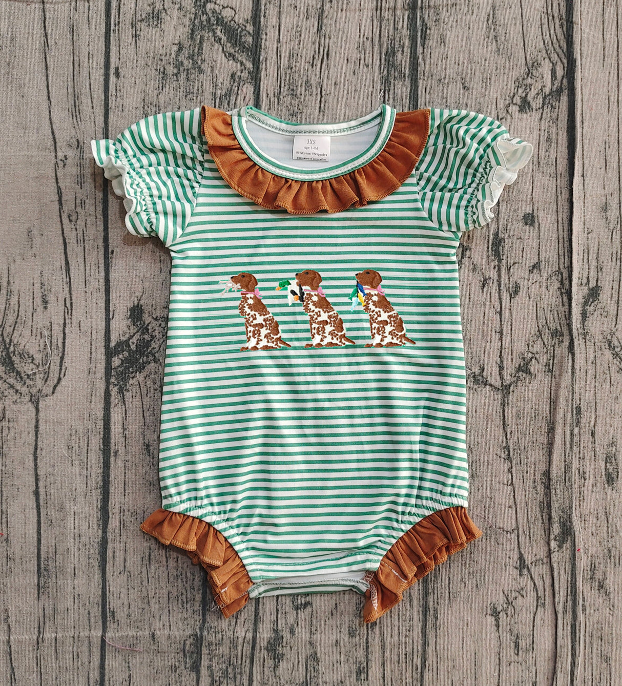 Green stripe short sleeves dog duck hunting baby girl romper